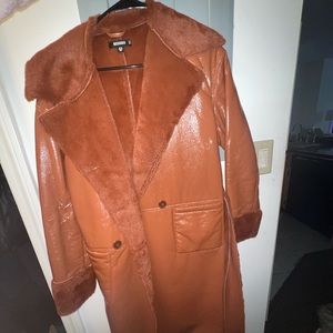 Vinyl longline coat with faux fur
